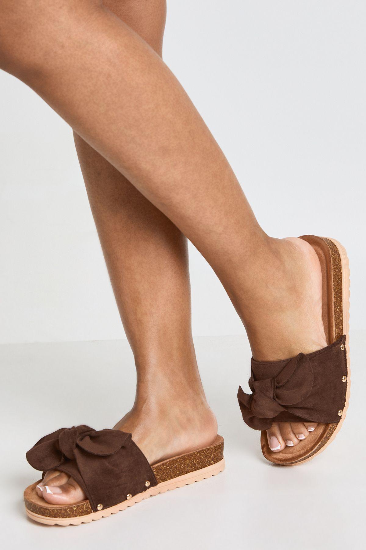 Faux Suede Oversized Bow Footbed Sliders by BOOHOO