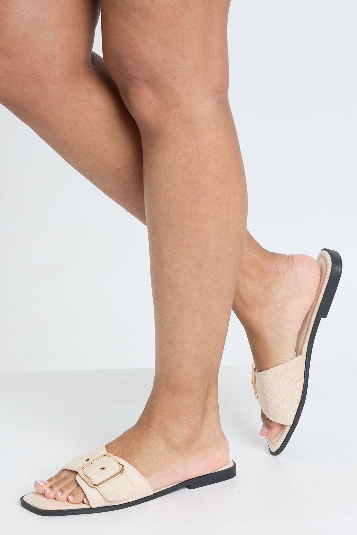 Faux Suede Oversized Buckle Detail Sliders by BOOHOO