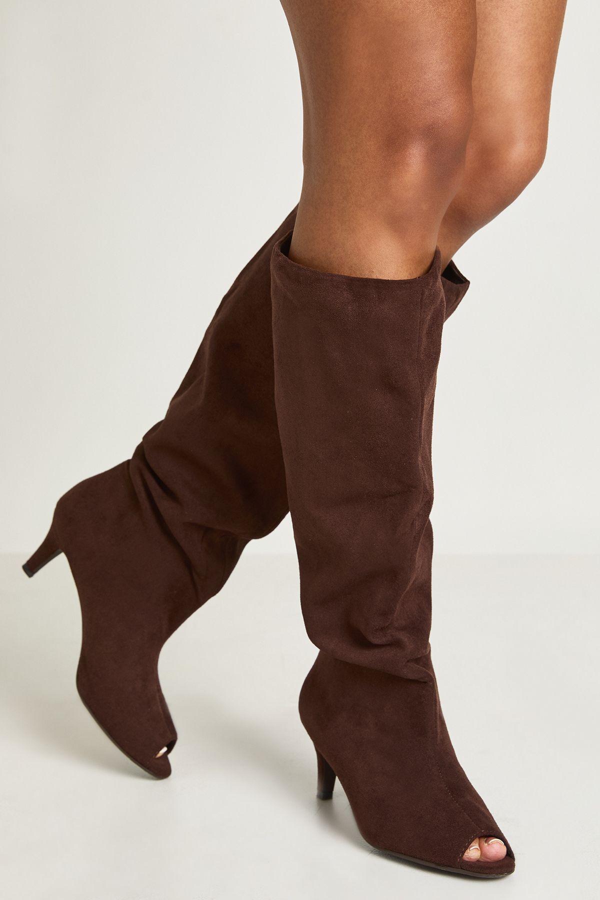 Faux Suede Peep Toe Low Stiletto Knee High Boots by BOOHOO