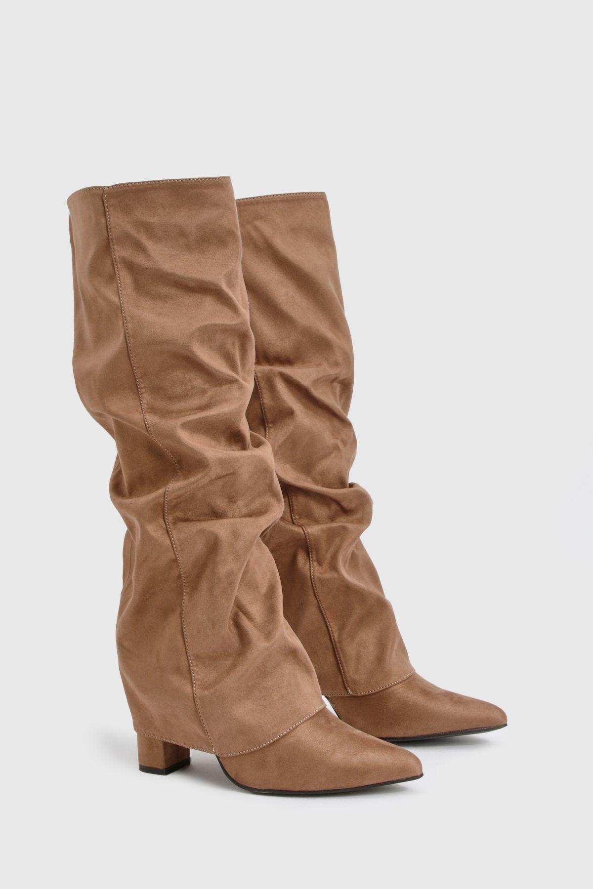 Faux Suede Ruched Fold Over Knee High Block Heel Boots by BOOHOO