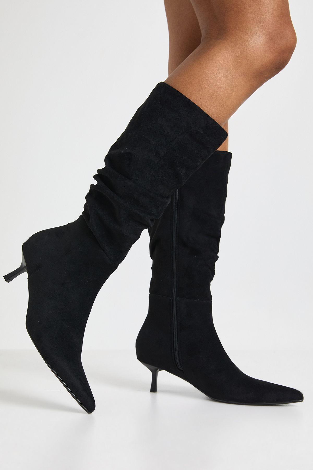 Faux Suede Ruched Knee High Boots by BOOHOO
