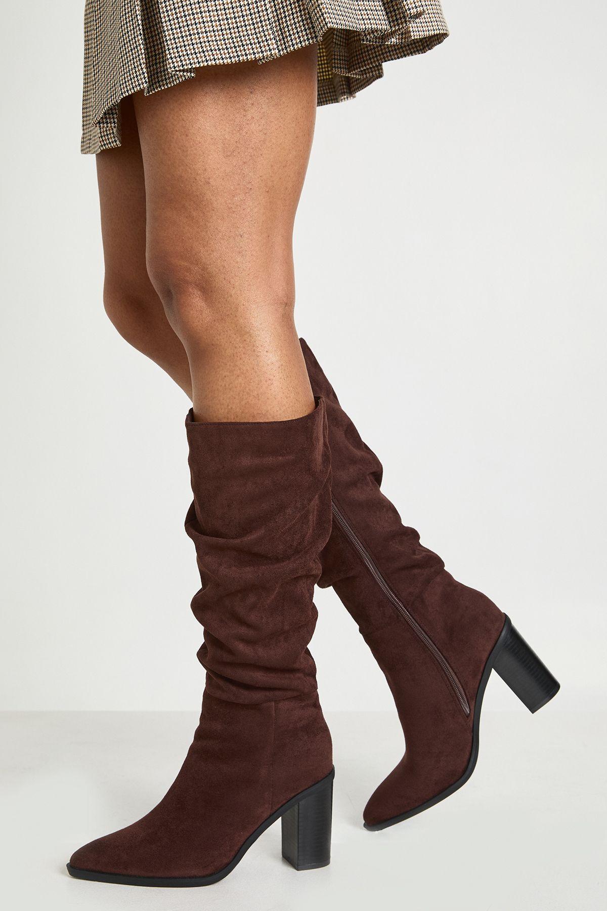 Faux Suede Ruched Slouchy Mid Block Heel Knee High Boots by BOOHOO