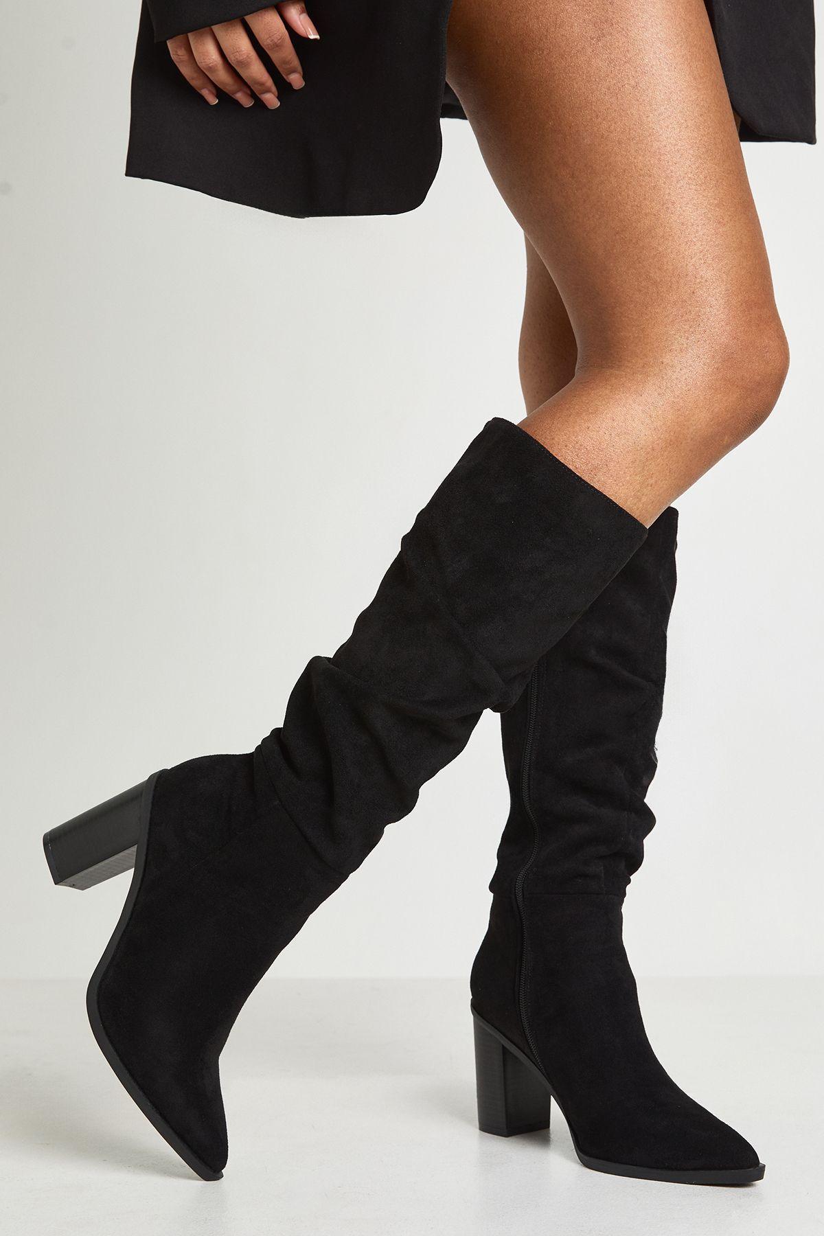 Faux Suede Ruched Slouchy Mid Block Heel Knee High Boots by BOOHOO