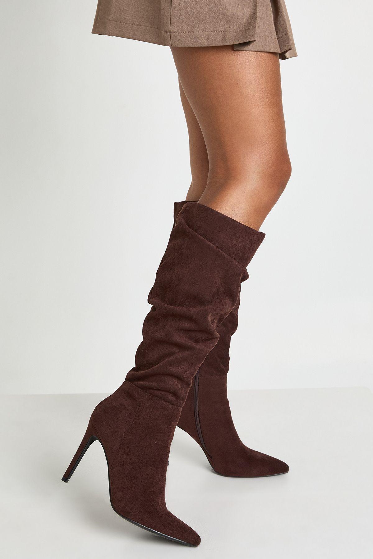 Faux Suede Ruched Stiletto Knee High Boots by BOOHOO