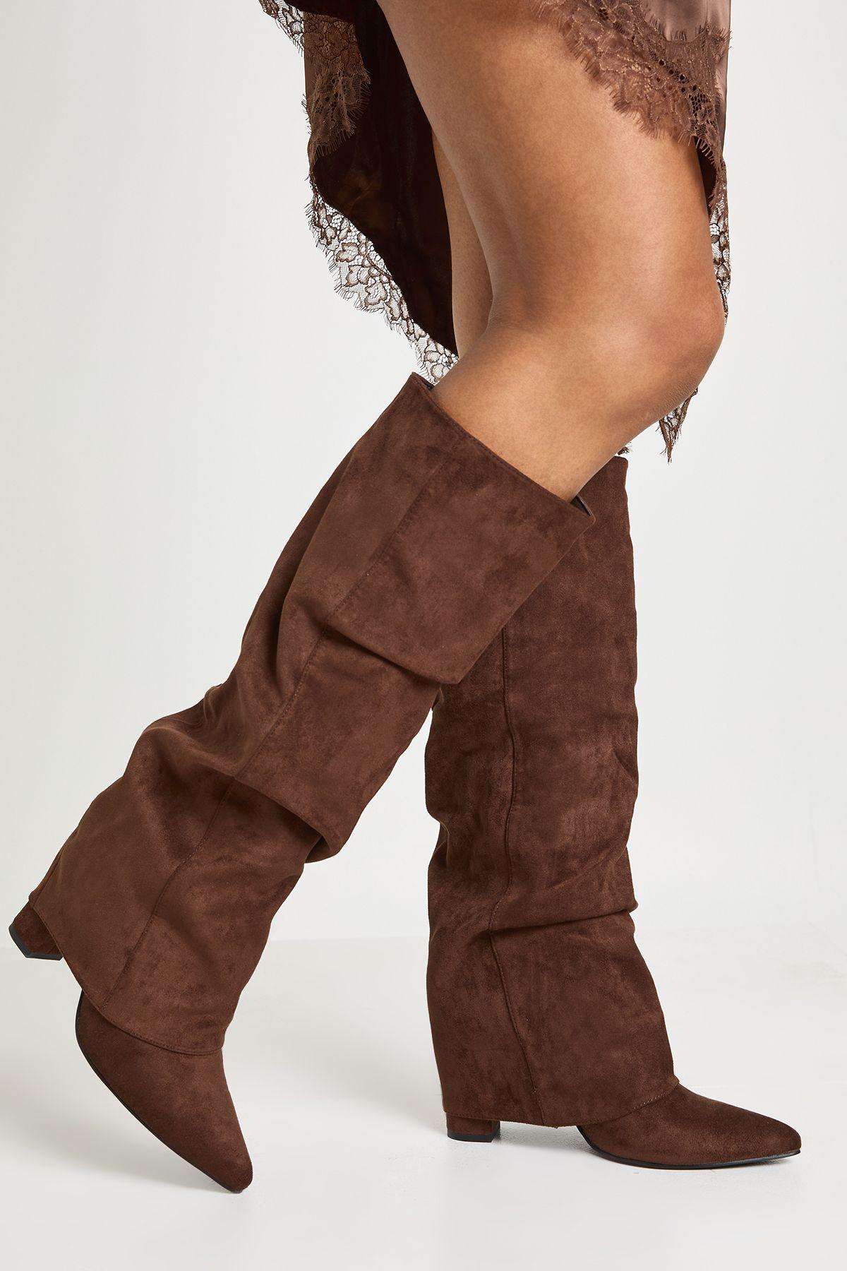 Faux Suede Slouchy Knee High Fold Over Boots by BOOHOO
