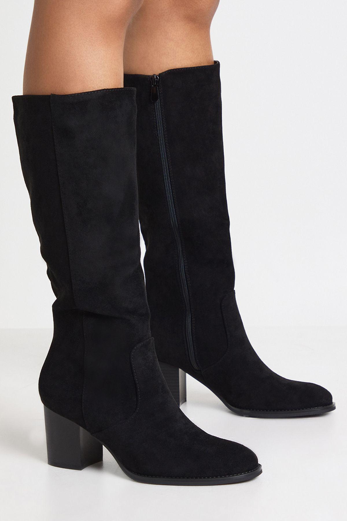 Faux Suede Stacked Heel Knee High Boots by BOOHOO