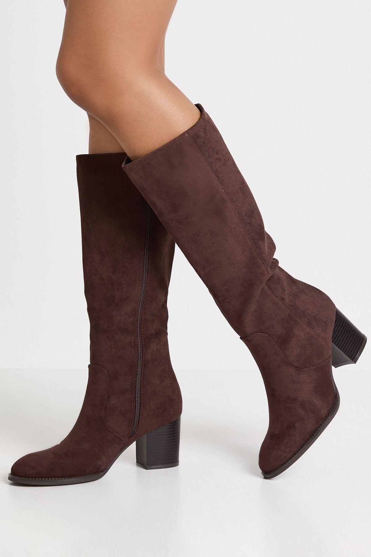 Faux Suede Stacked Heel Knee High Boots by BOOHOO