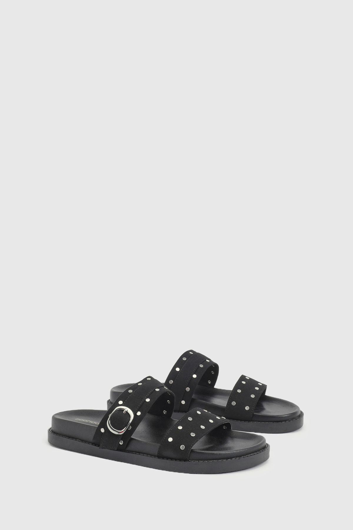 Faux Suede Stud Double Strap Sliders by BOOHOO