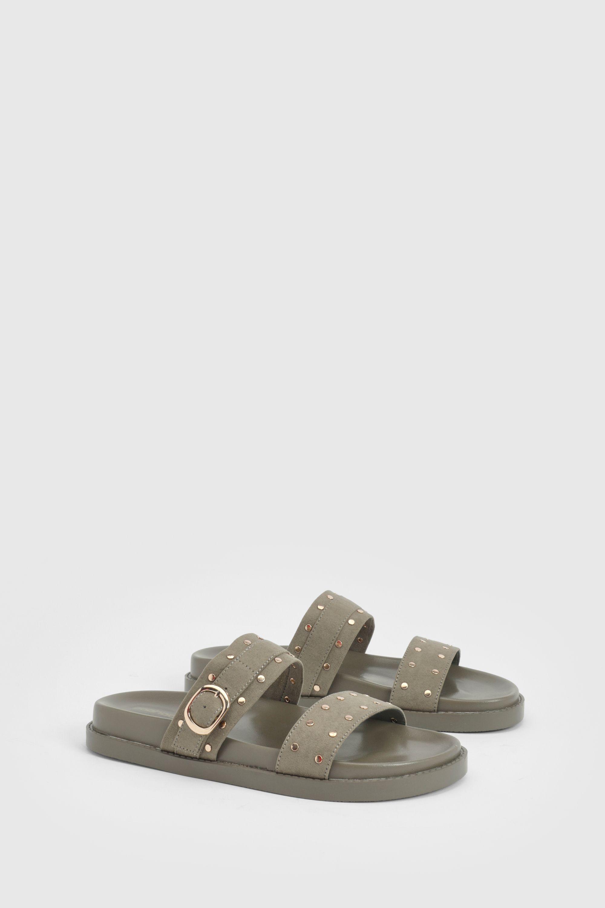 Faux Suede Stud Double Strap Sliders by BOOHOO