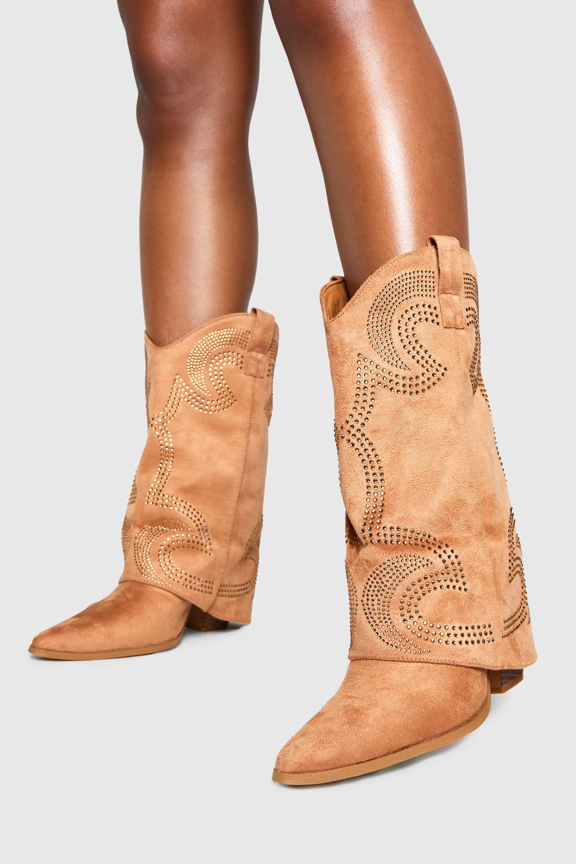 Faux Suede Studded Foldover Western Boots by BOOHOO