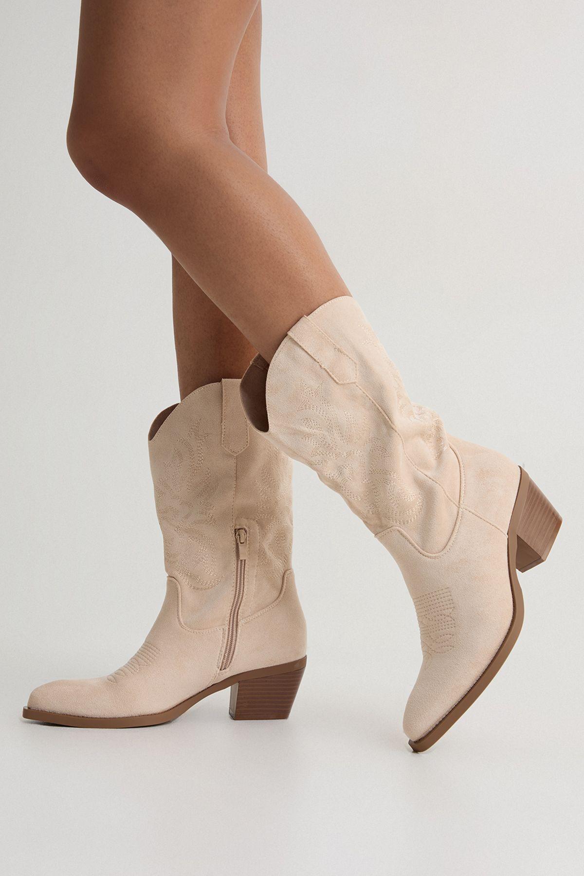 Faux Suede Tab Detail Calf High Western Boots by BOOHOO