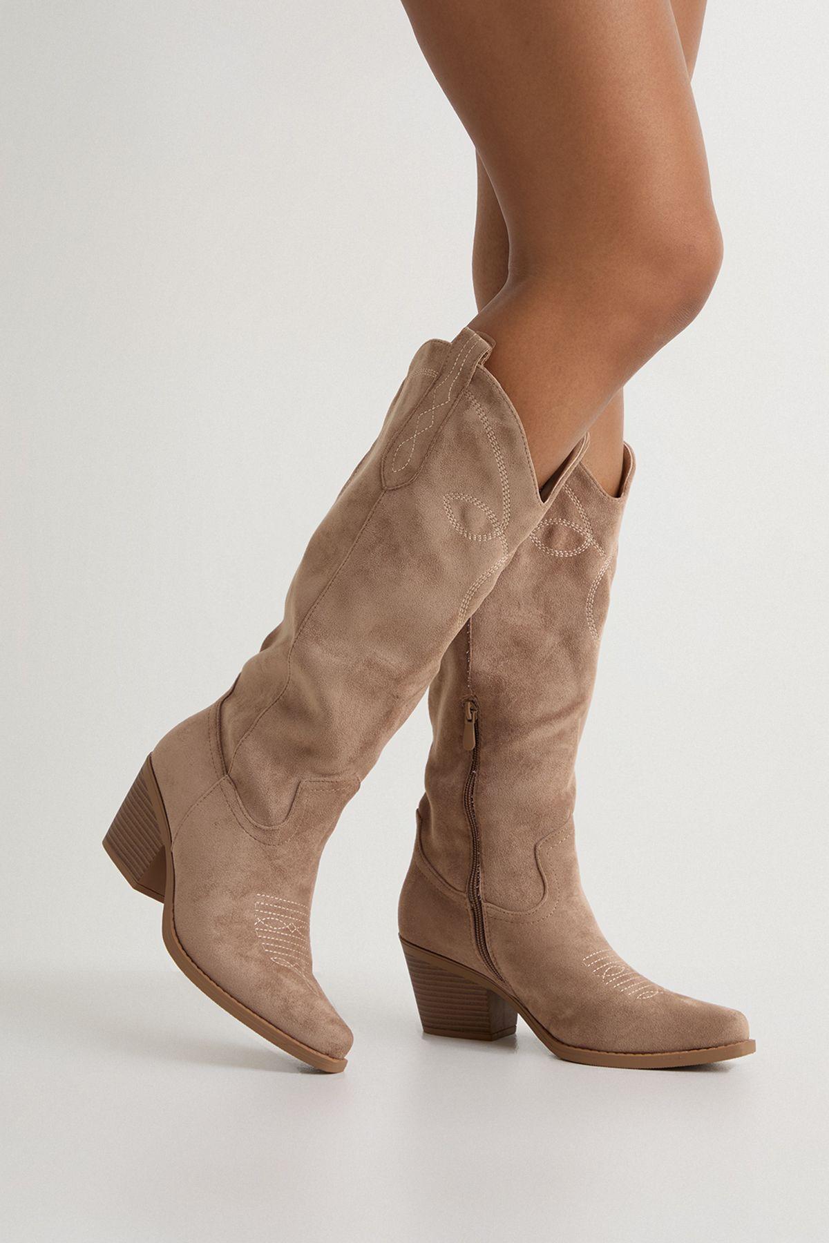 Faux Suede Tab Detail Knee High Western Boots by BOOHOO