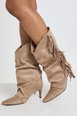 Faux Suede Tassel Calf High Slouchy Stiletto Boots by BOOHOO