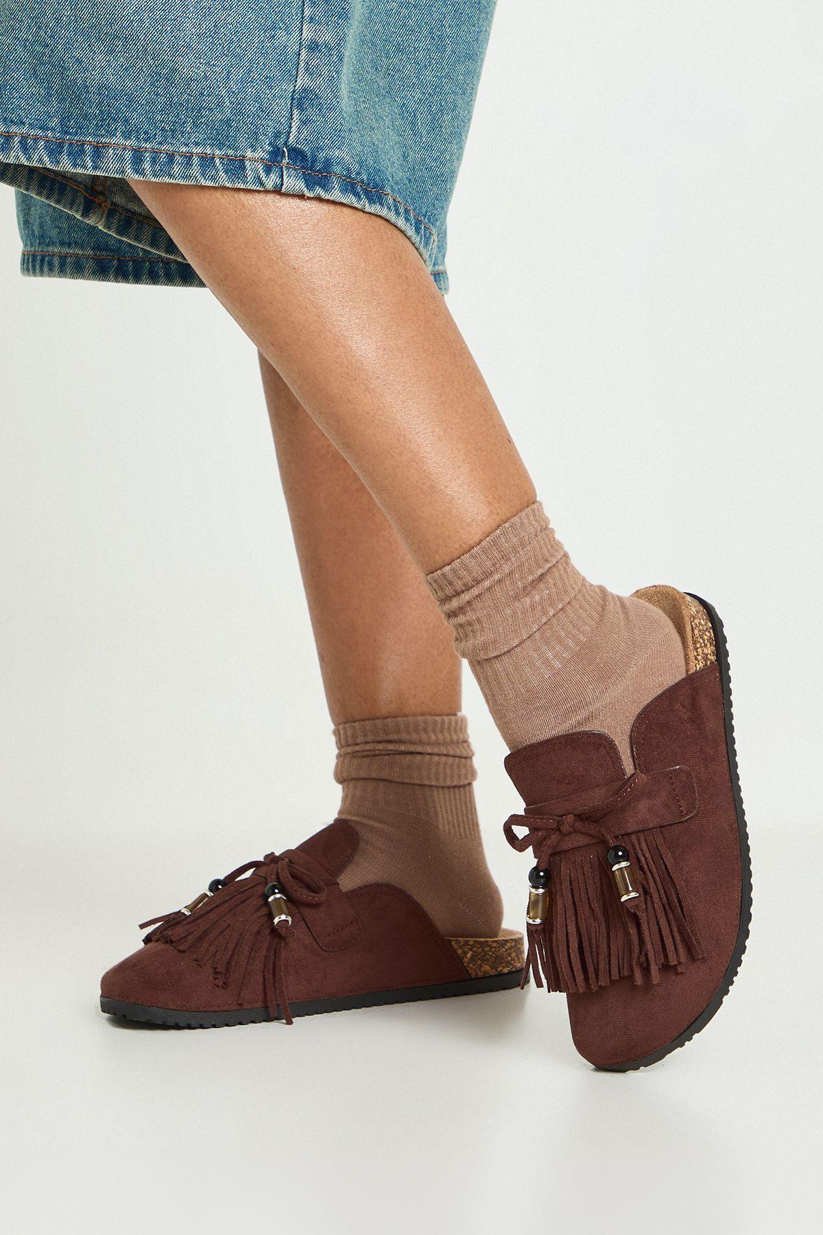 Faux Suede Tassel and Bead Detail Closed Toe Clogs by BOOHOO
