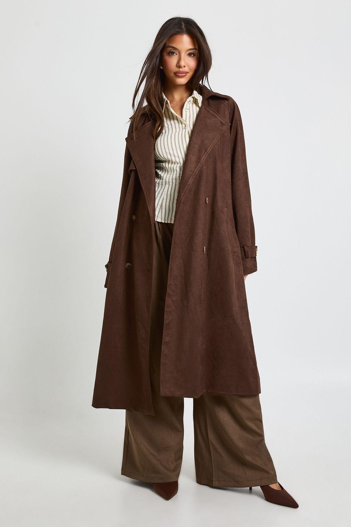 Faux Suede Trench Coat by BOOHOO
