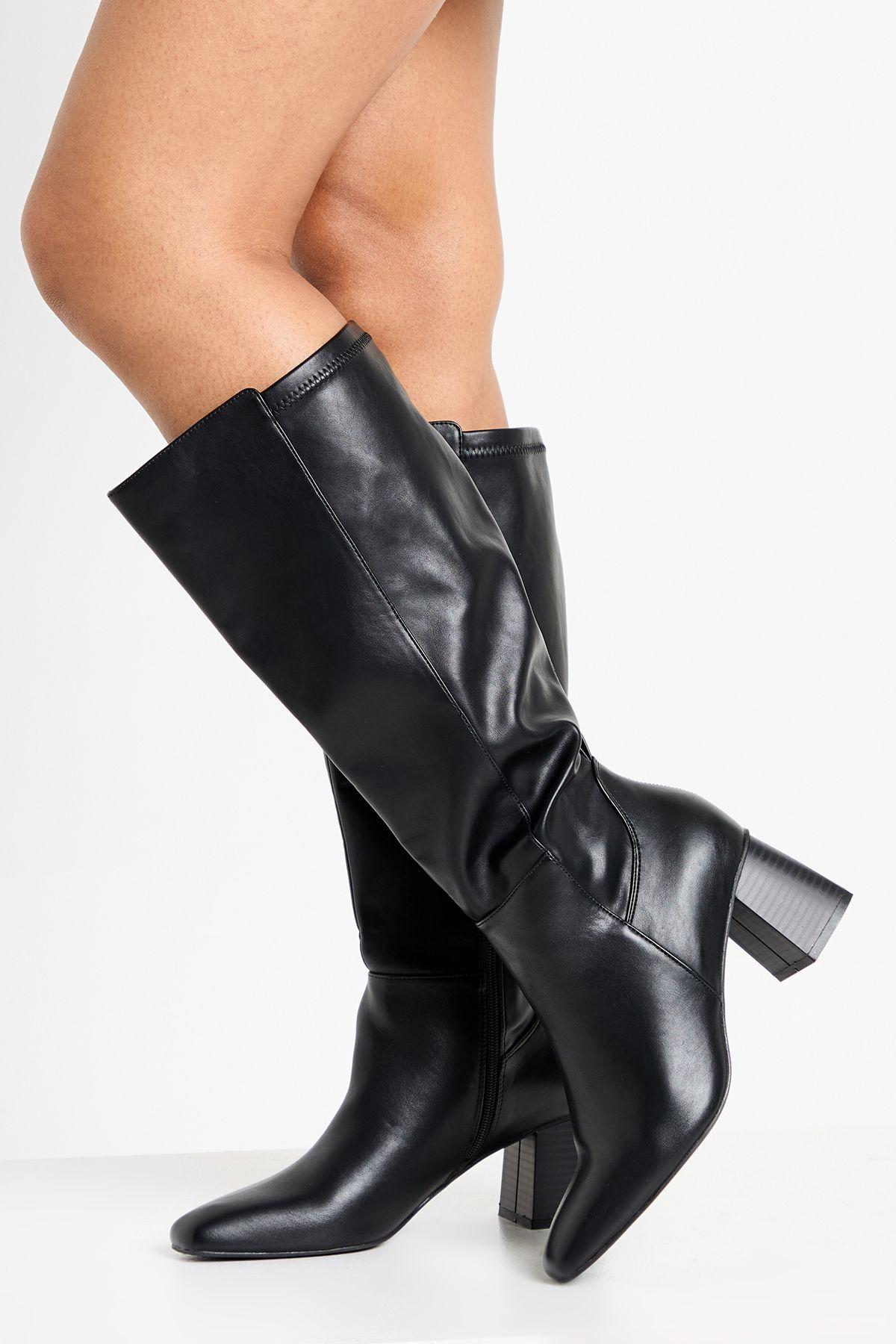 Flared Heel Stretch Knee High Boots by BOOHOO