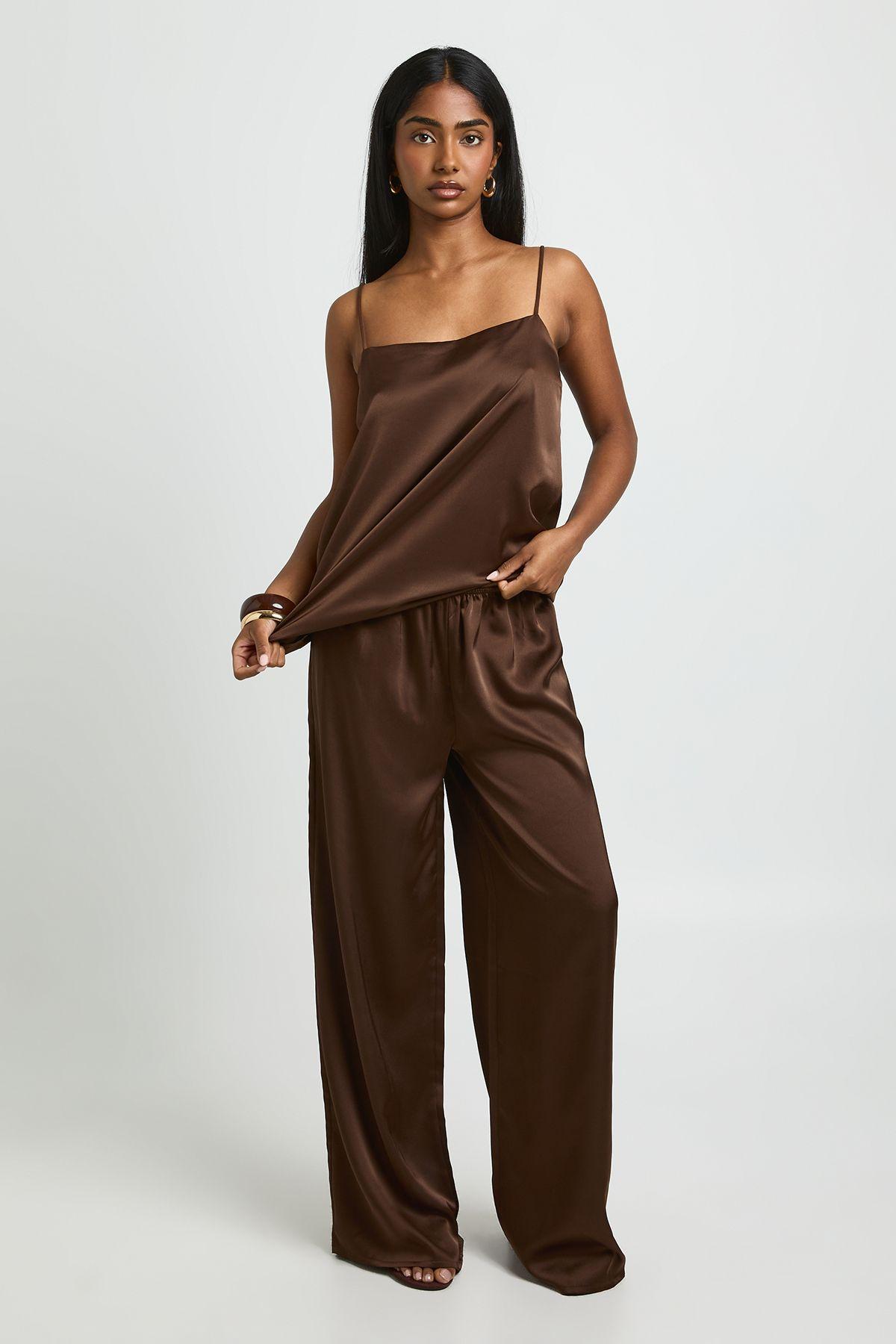 Floaty Satin Long line Top and Wide Leg Trouser Co-ord by BOOHOO