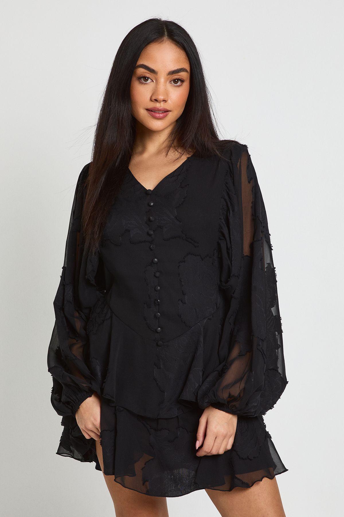 Floral Burnout Volume Sleeve Ruffle Hem Mini Dress by BOOHOO