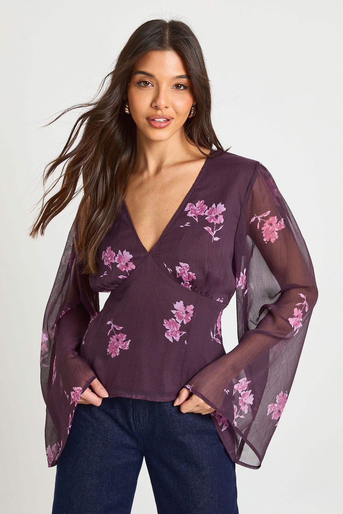 Floral Chiffon Angel Sleeve Blouse by BOOHOO