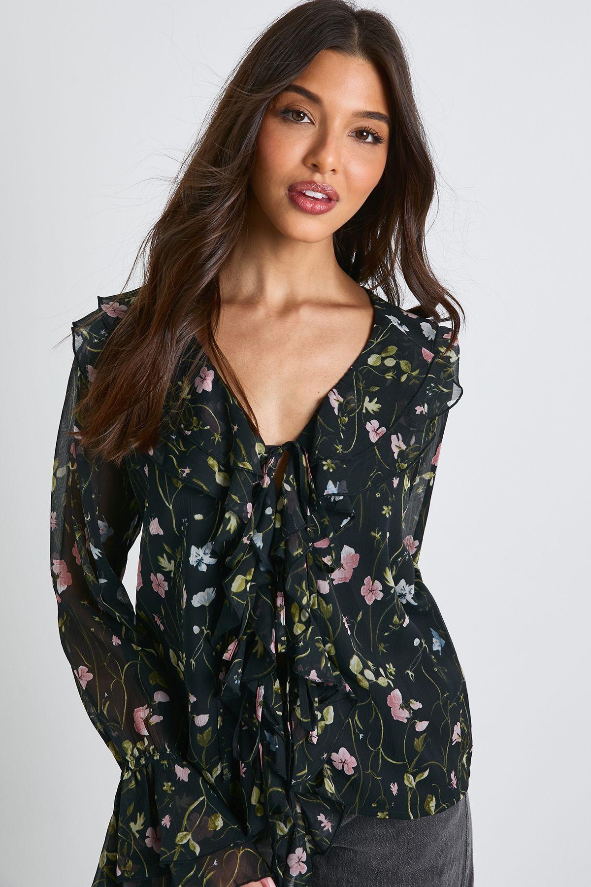 Floral Chiffon Ruffle Blouse by BOOHOO