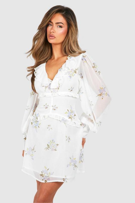 Floral Chiffon Ruffle Mini Dress by BOOHOO