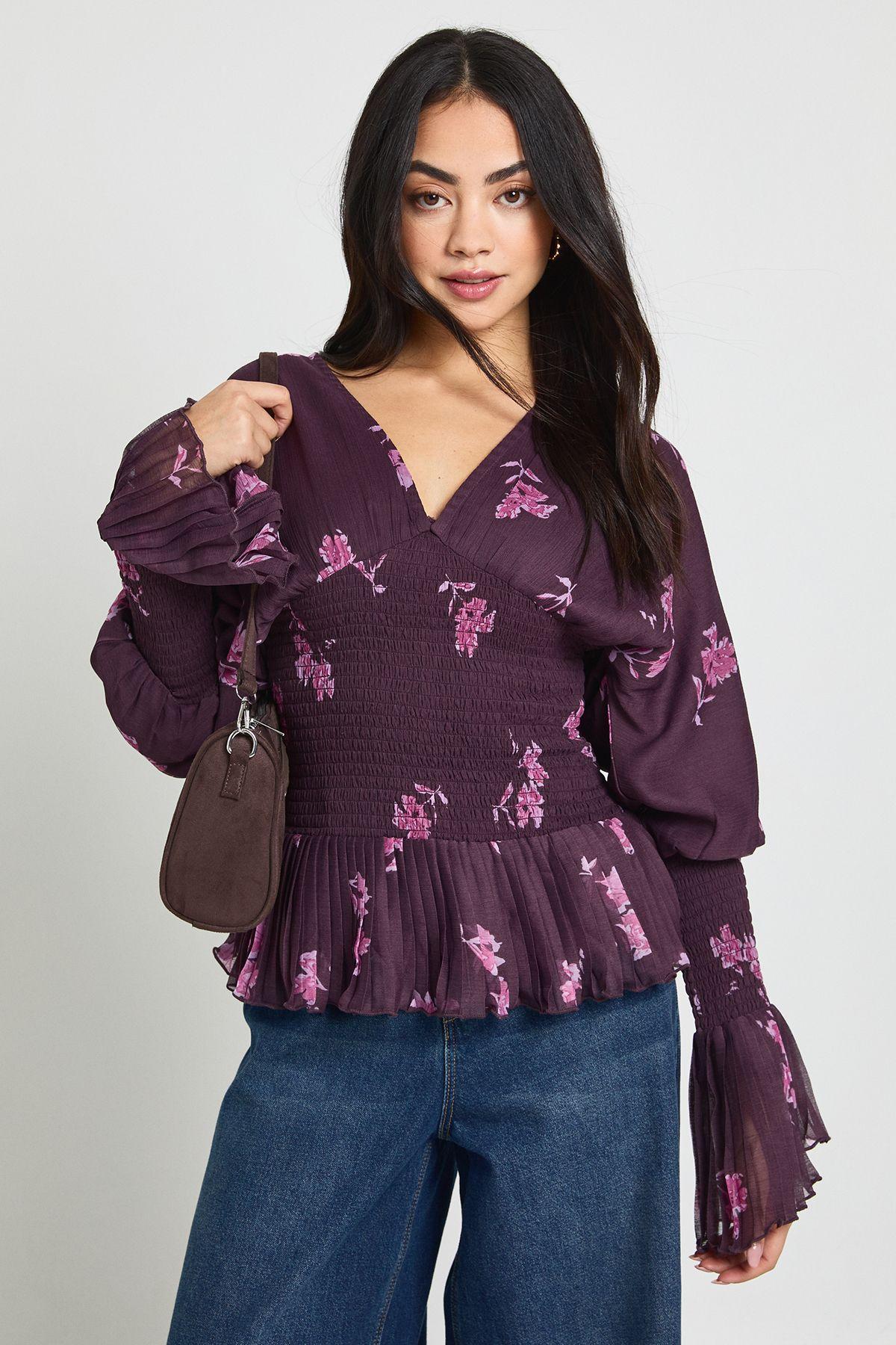 Floral Chiffon Shirred Blouse by BOOHOO