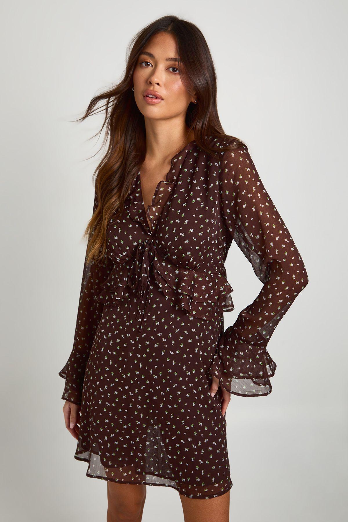 Floral Flare Sleeve Skater Dress by BOOHOO
