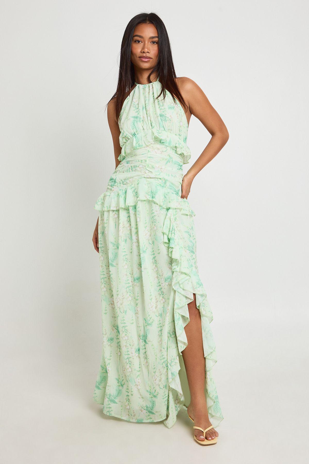 Floral Halterneck Chiffon Ruffle Detail Maxi Dress by BOOHOO