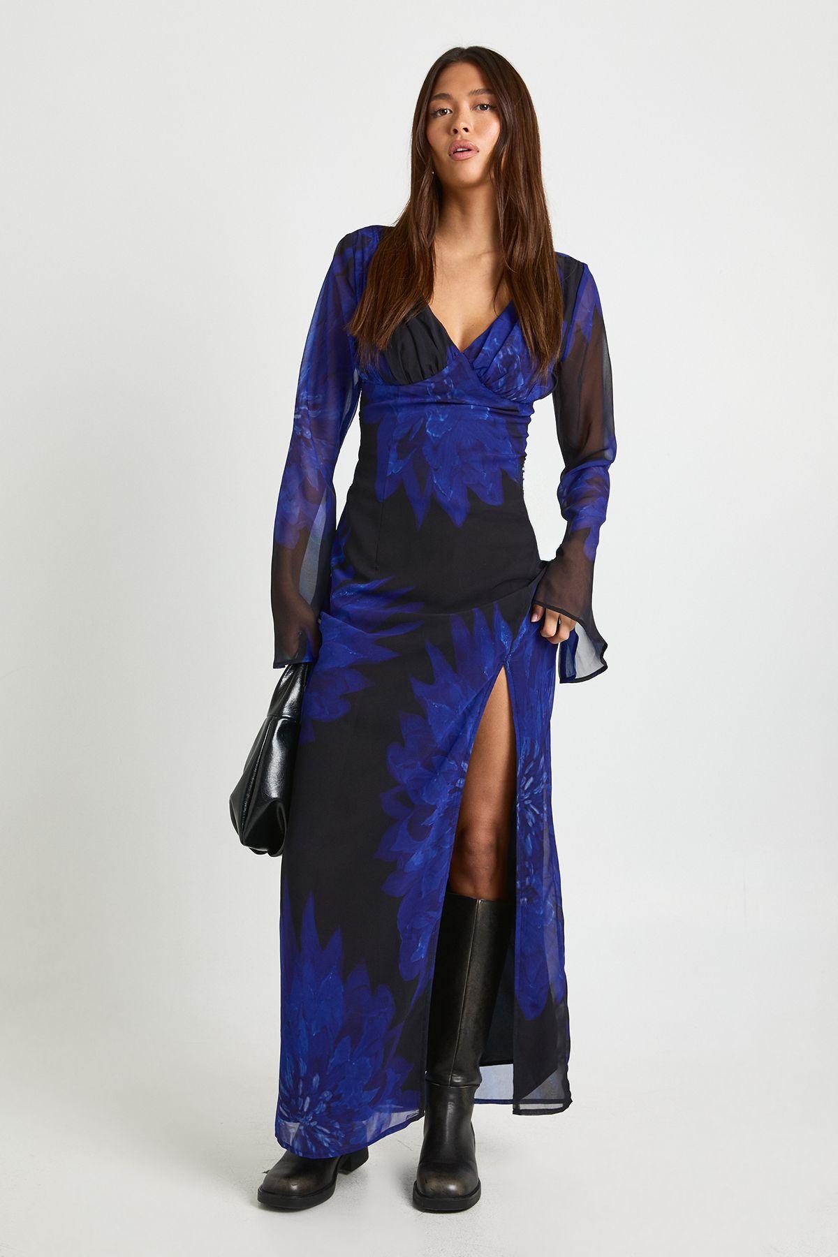 Floral Long Sleeve Chiffon Plunge Maxi Dress by BOOHOO