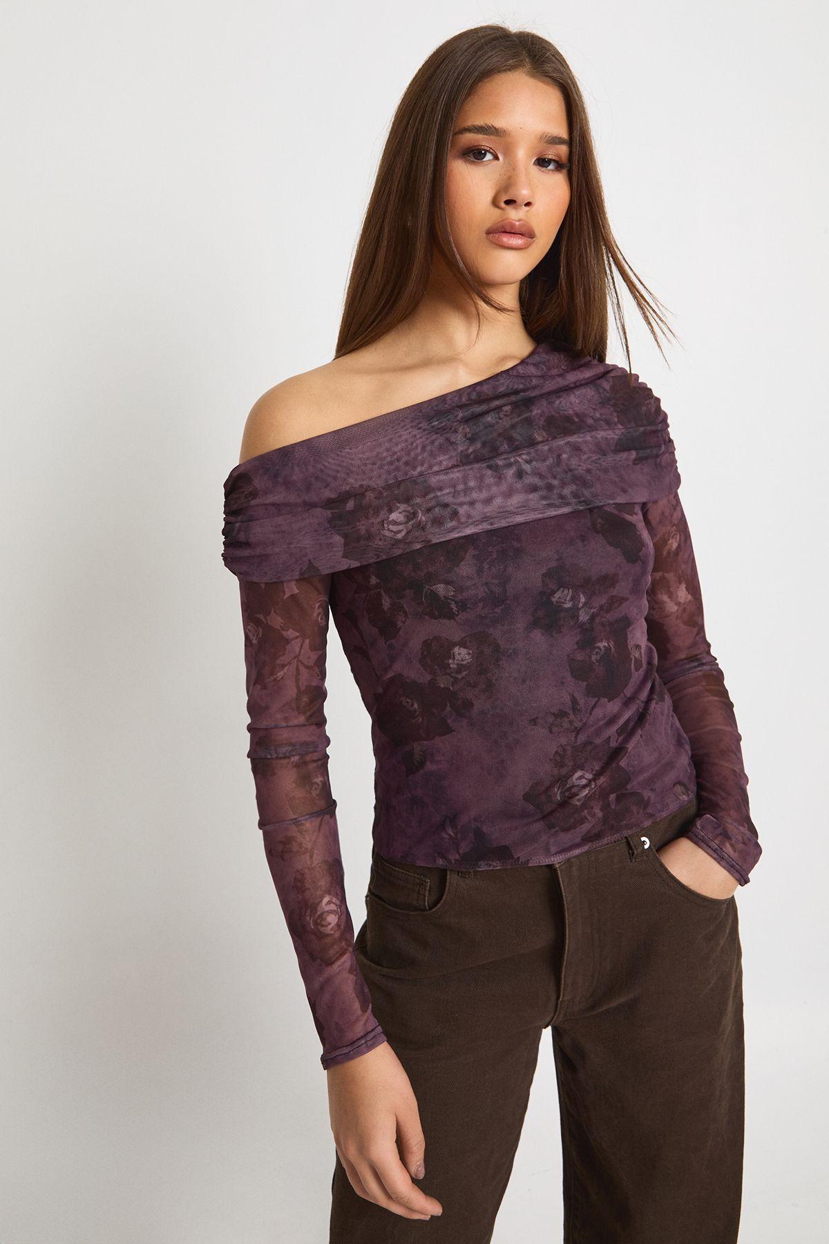 Floral Mesh Asymmetric Long Sleeve Top by BOOHOO
