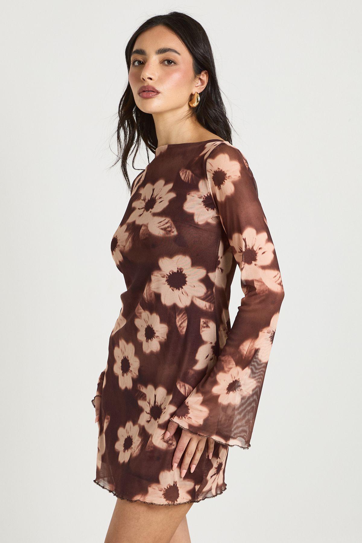 Floral Mesh Flare Sleeve Mini Dress by BOOHOO