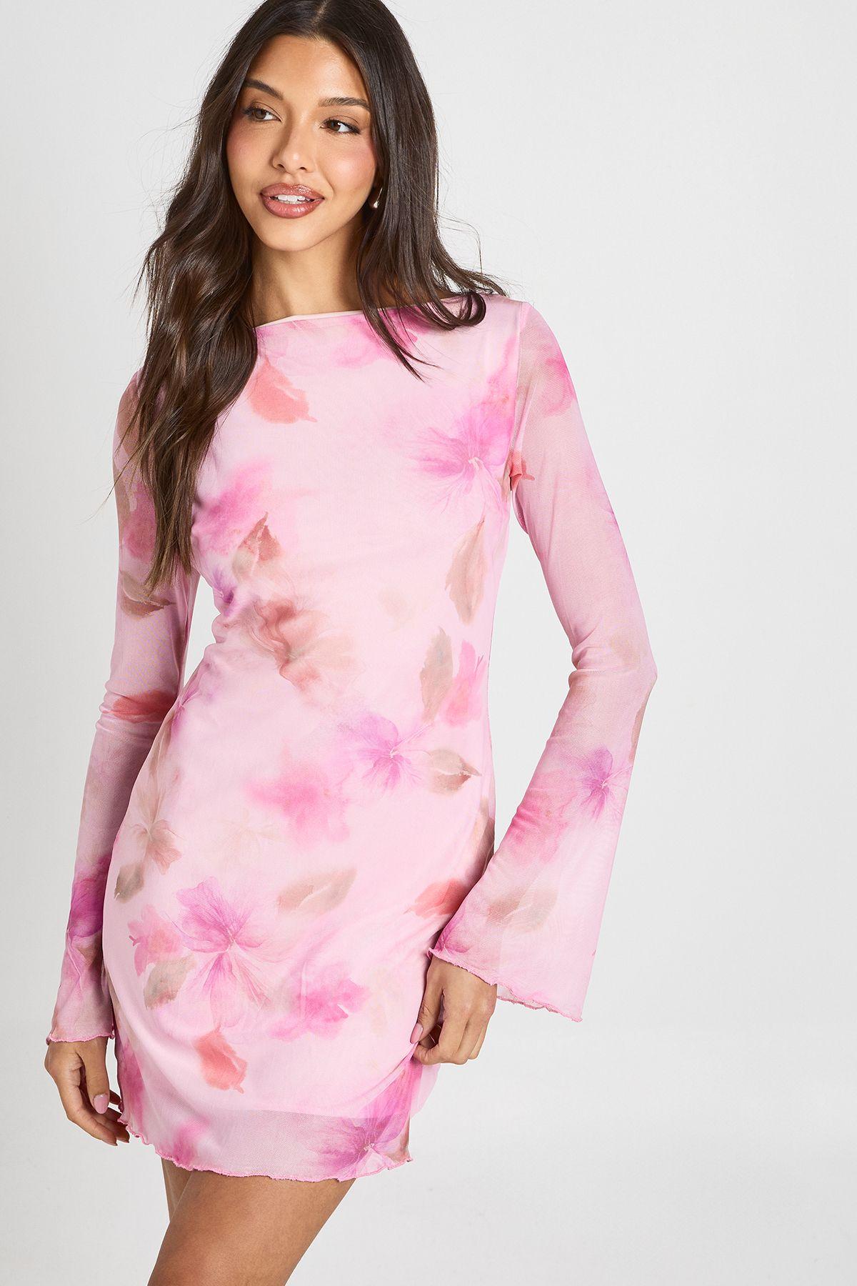 Floral Mesh Flare Sleeve Mini Dress by BOOHOO
