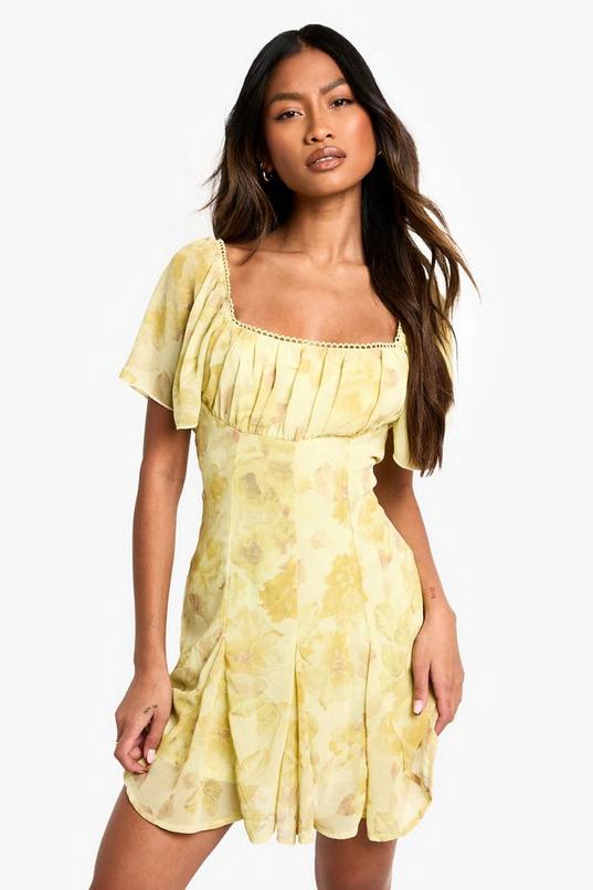 Floral Milkmaid Godet Hem Mini Dress by BOOHOO