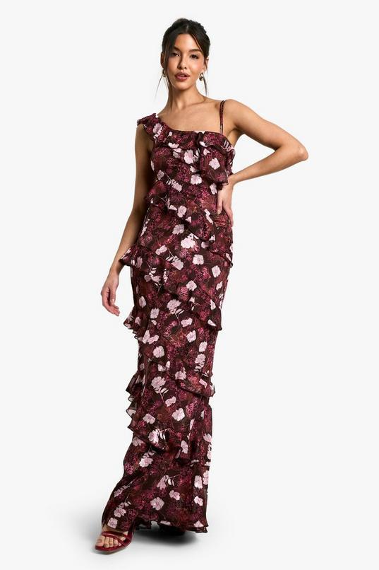 Floral One Shoulder Ruffle Maxi Dress by BOOHOO