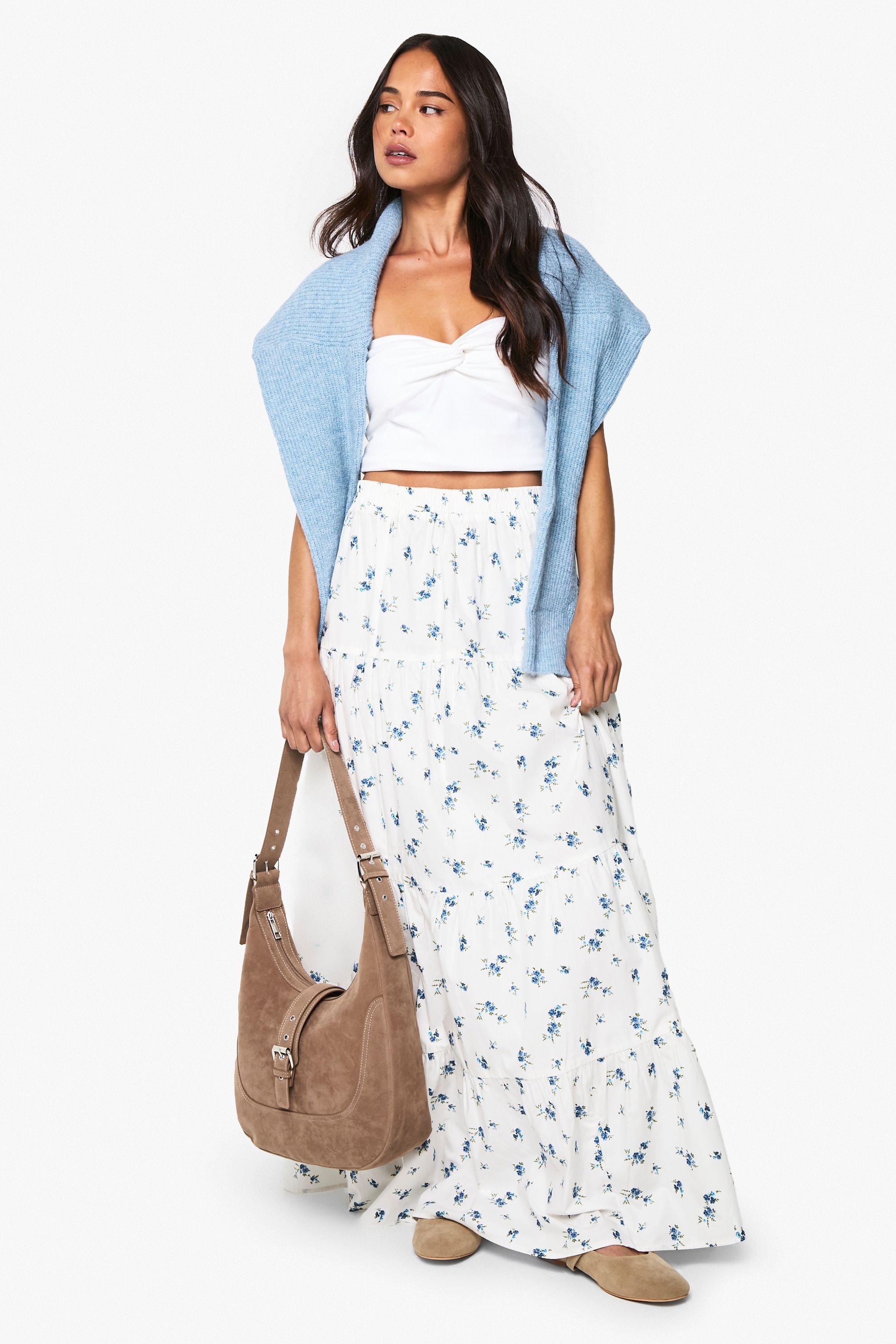 Floral Poplin Tiered Maxi Skirt by BOOHOO