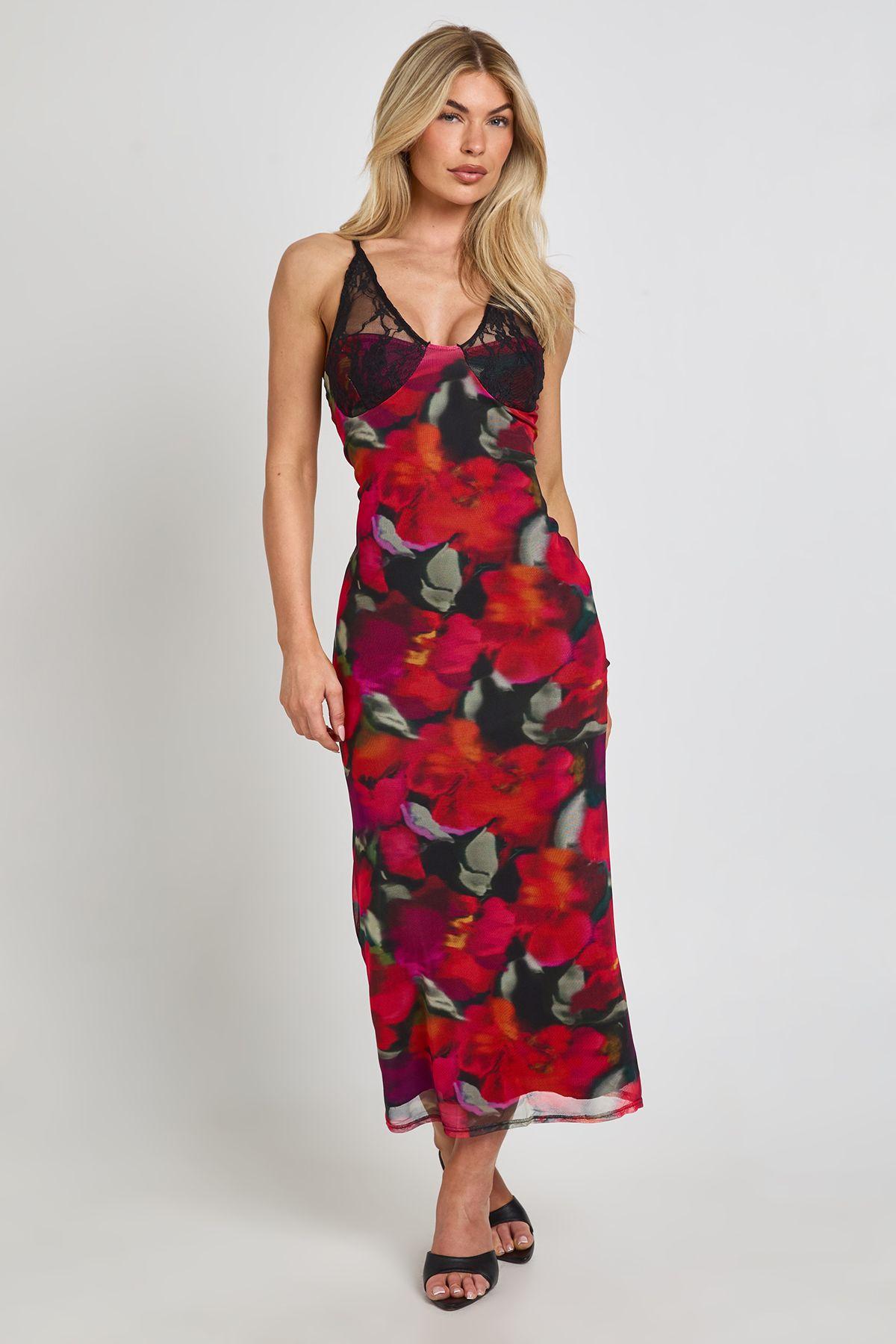 Floral Print Bodycon Dress With Lace Cup Detail by BOOHOO