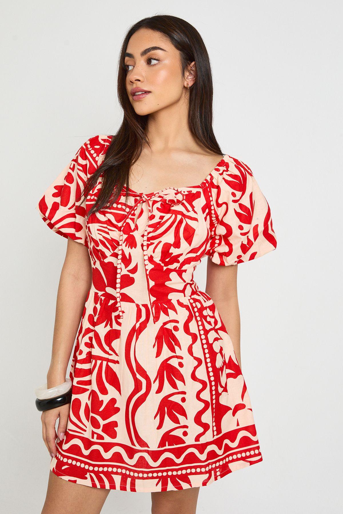 Floral Print Linen Look Volume Sleeve Mini Dress by BOOHOO