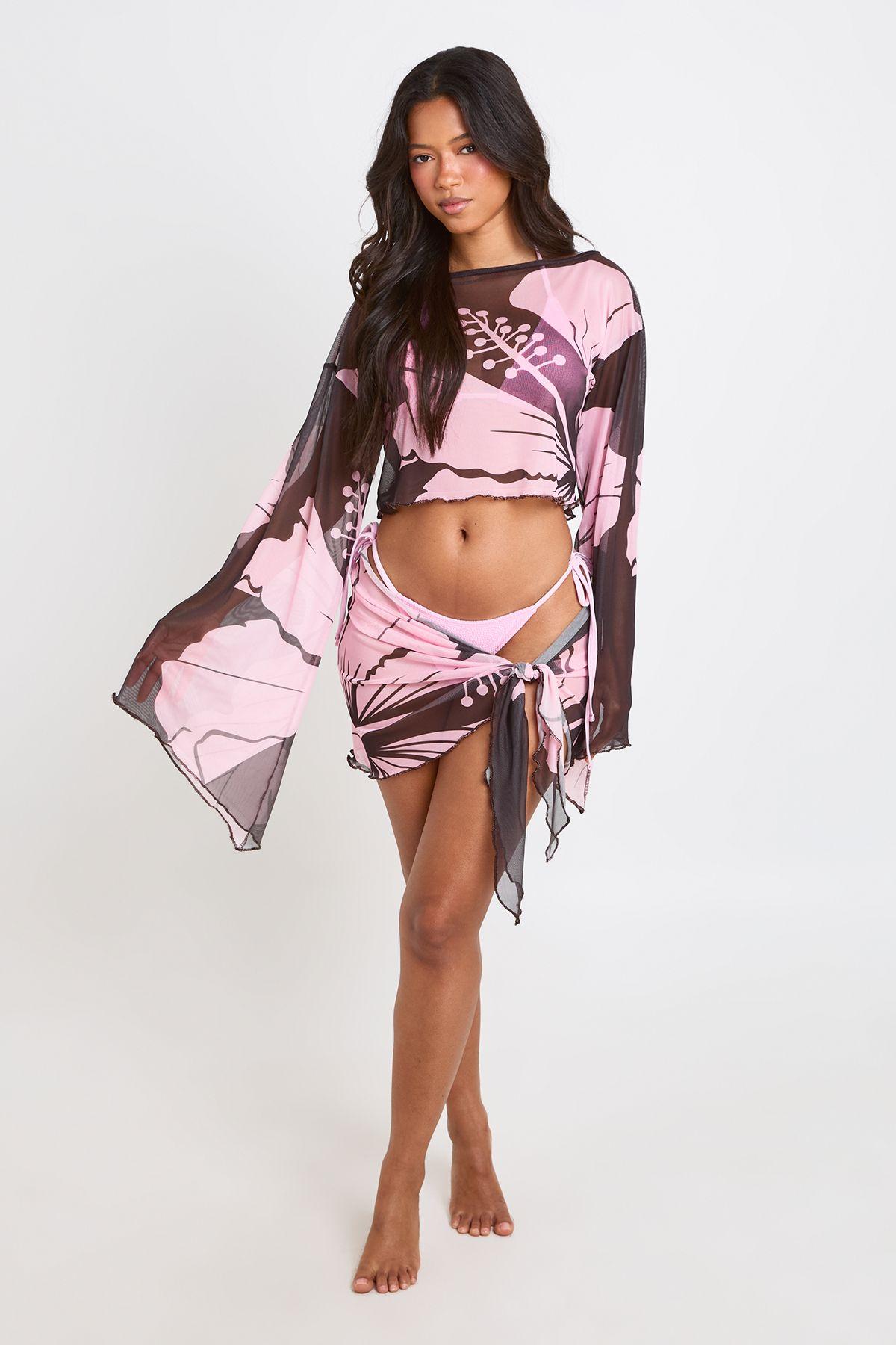 Floral Print Sheer Mesh Beach Asym Top And Sarong Co-ord by BOOHOO