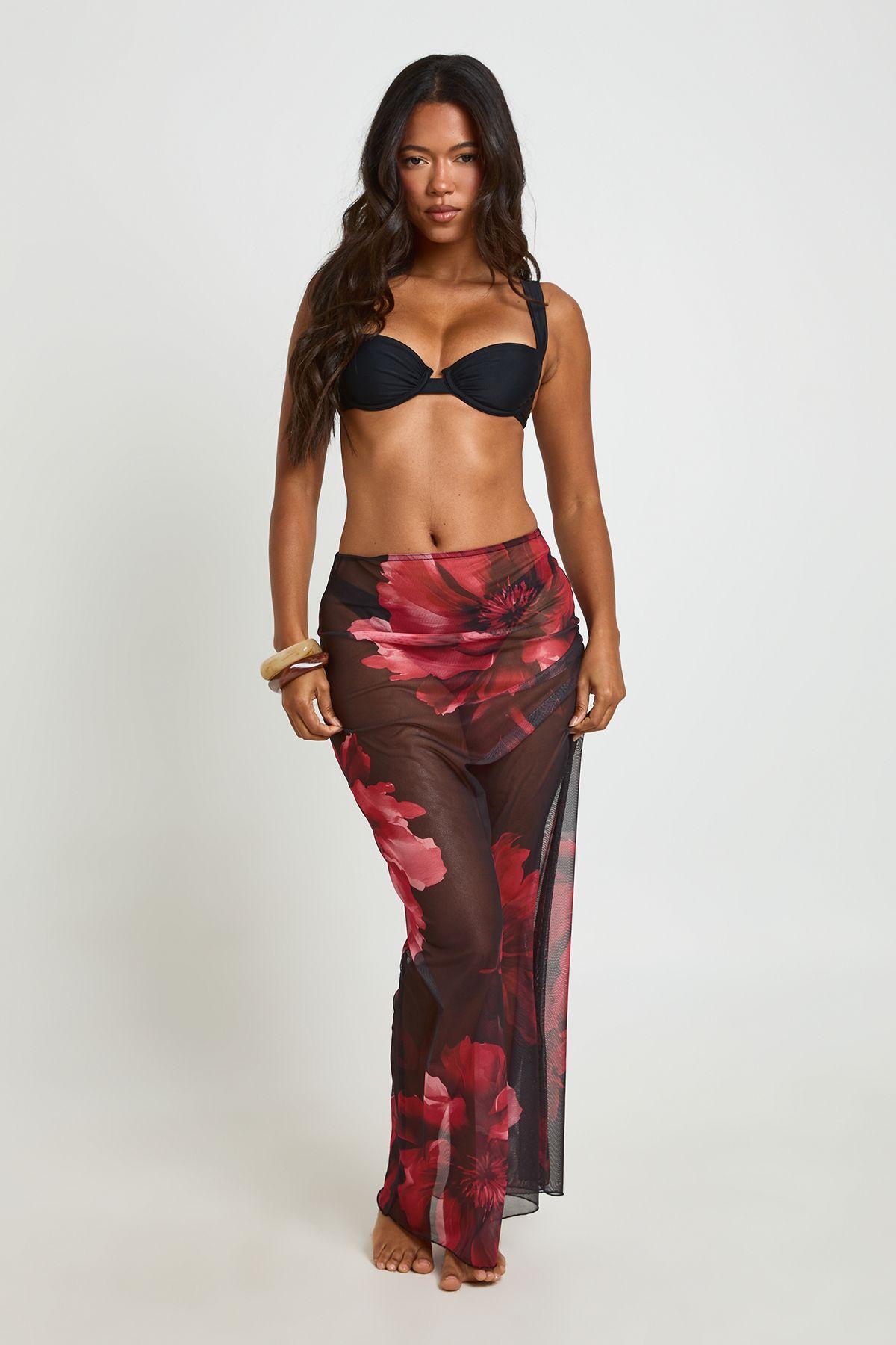 Floral Print Sheer Mesh Maxi Beach Skirt by BOOHOO