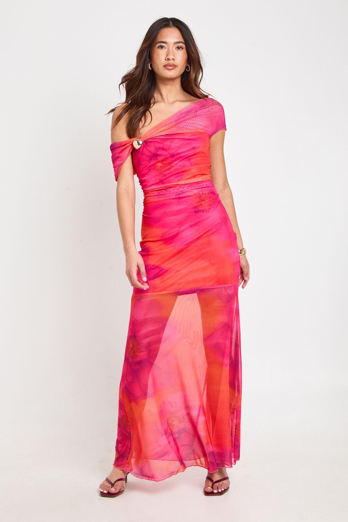 Floral Printed Gold Trim Asym Neck Maxi Dress by BOOHOO