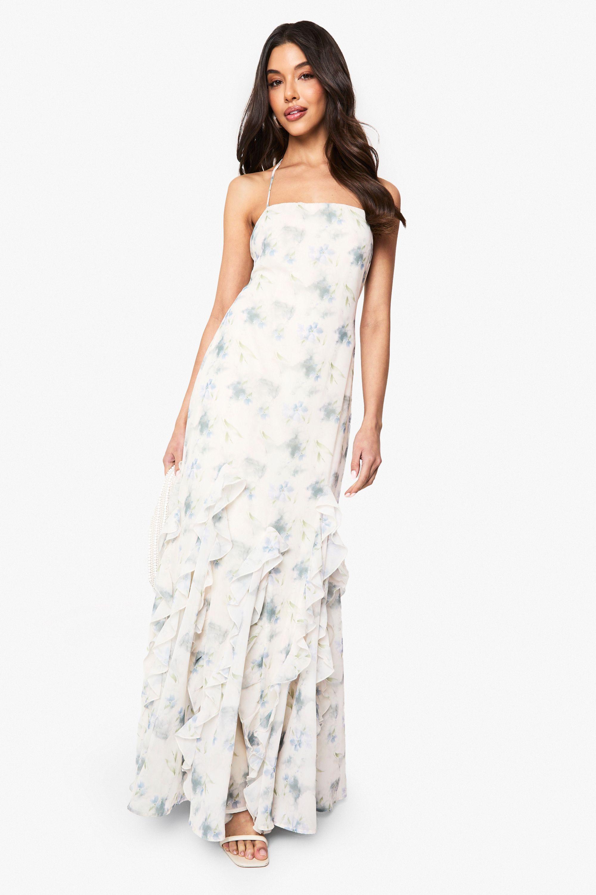 Floral Ruffle Hem Strappy Maxi Dress by BOOHOO