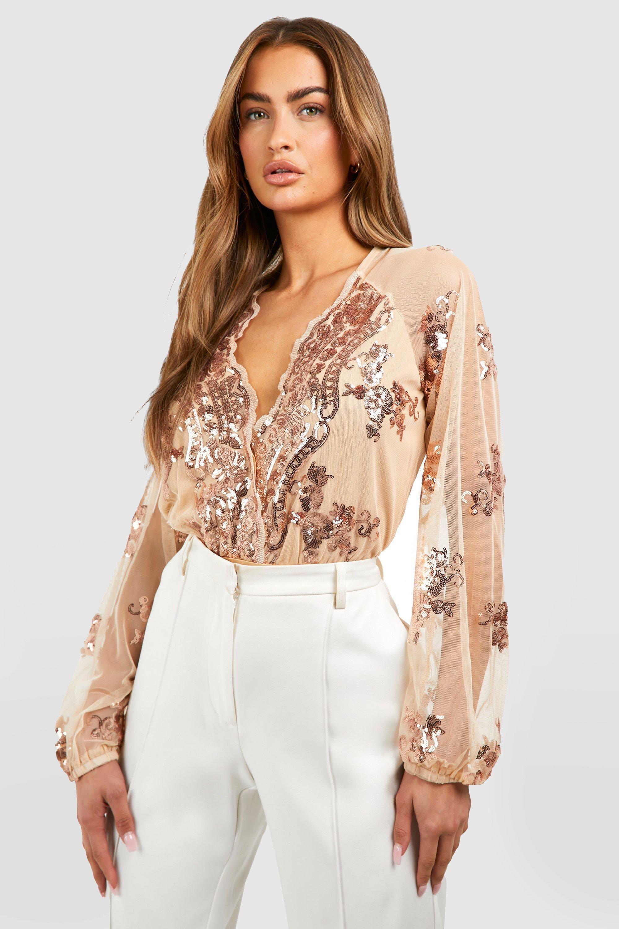 Floral Sequin Plunge Bodysuit by BOOHOO