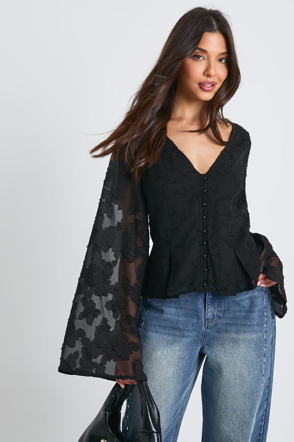 Floral Textured Button Down Blouse by BOOHOO