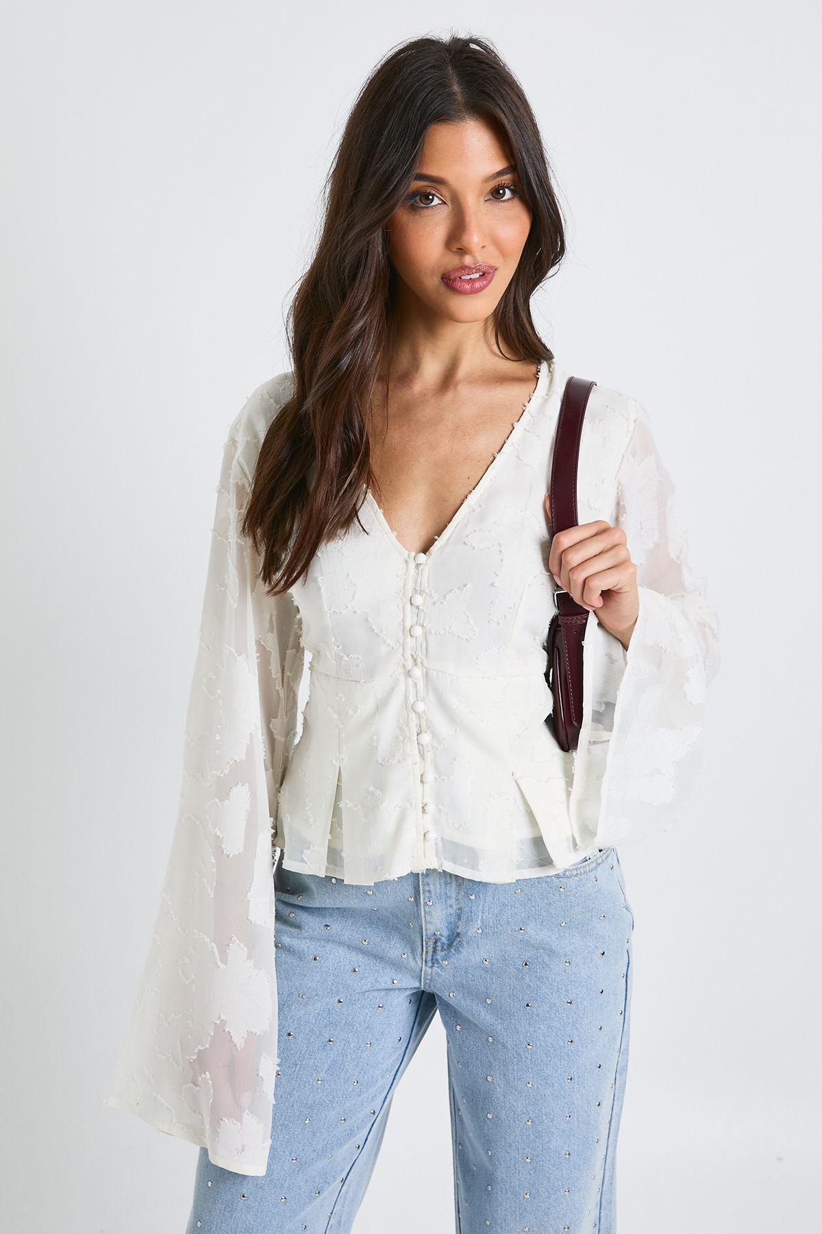 Floral Textured Button Down Blouse by BOOHOO