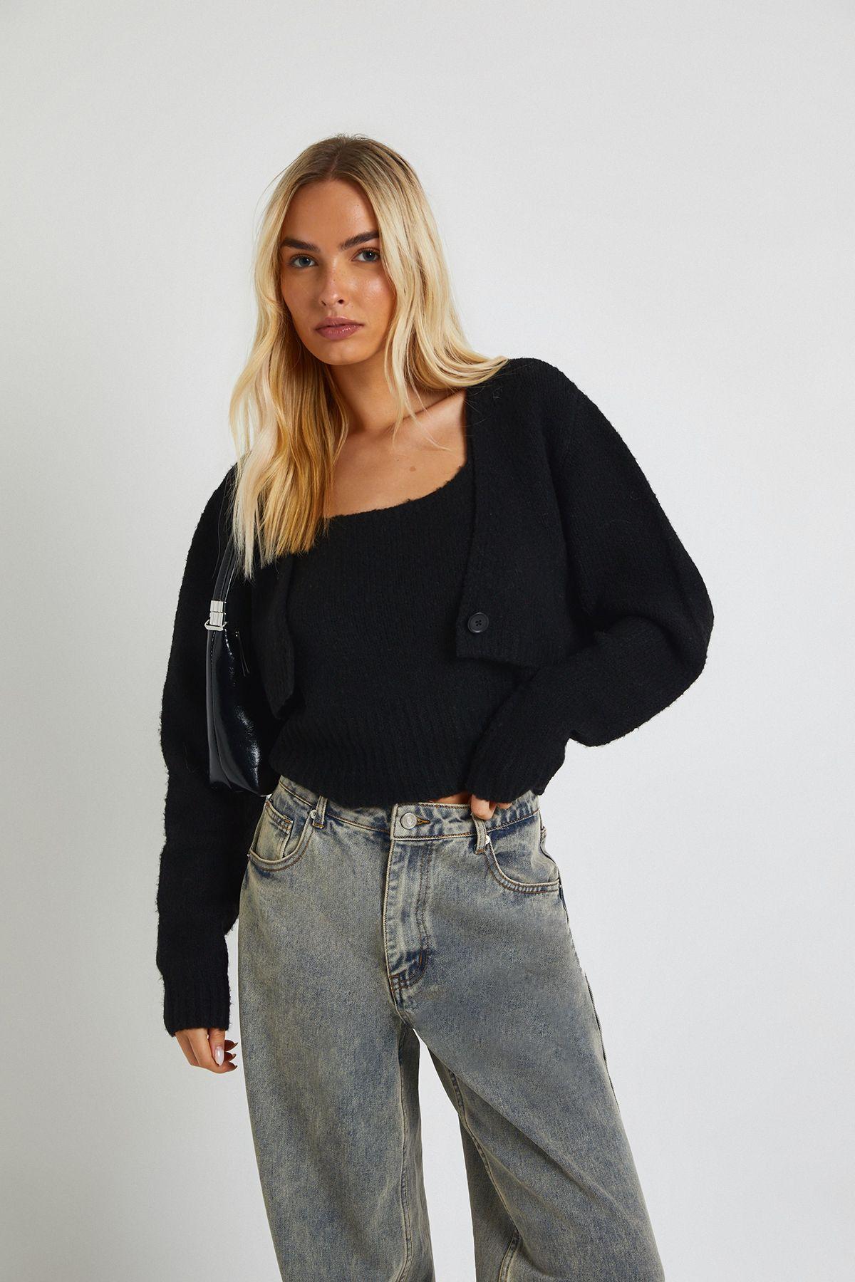 Fluffy Knit Cropped Cardigan and Cami Top Set by BOOHOO Fluffy Knit Cropped Cardigan and Cami Top Set by BOOHOO