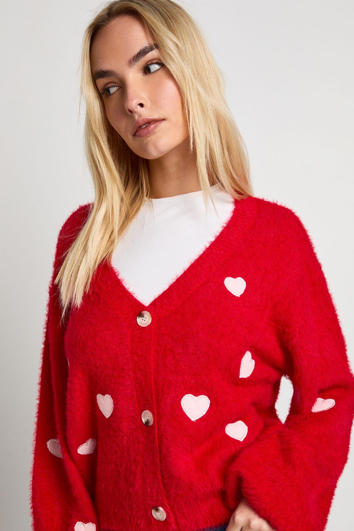 Fluffy Knit Heart Embroidered Oversized Knitted Cardigan by BOOHOO