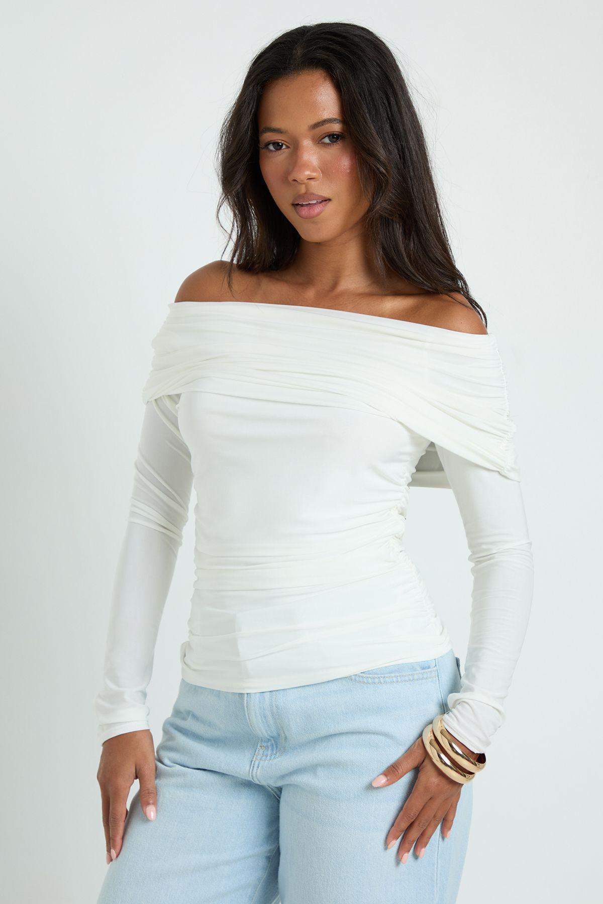 Fold Over Neck Long Sleeve Top by BOOHOO