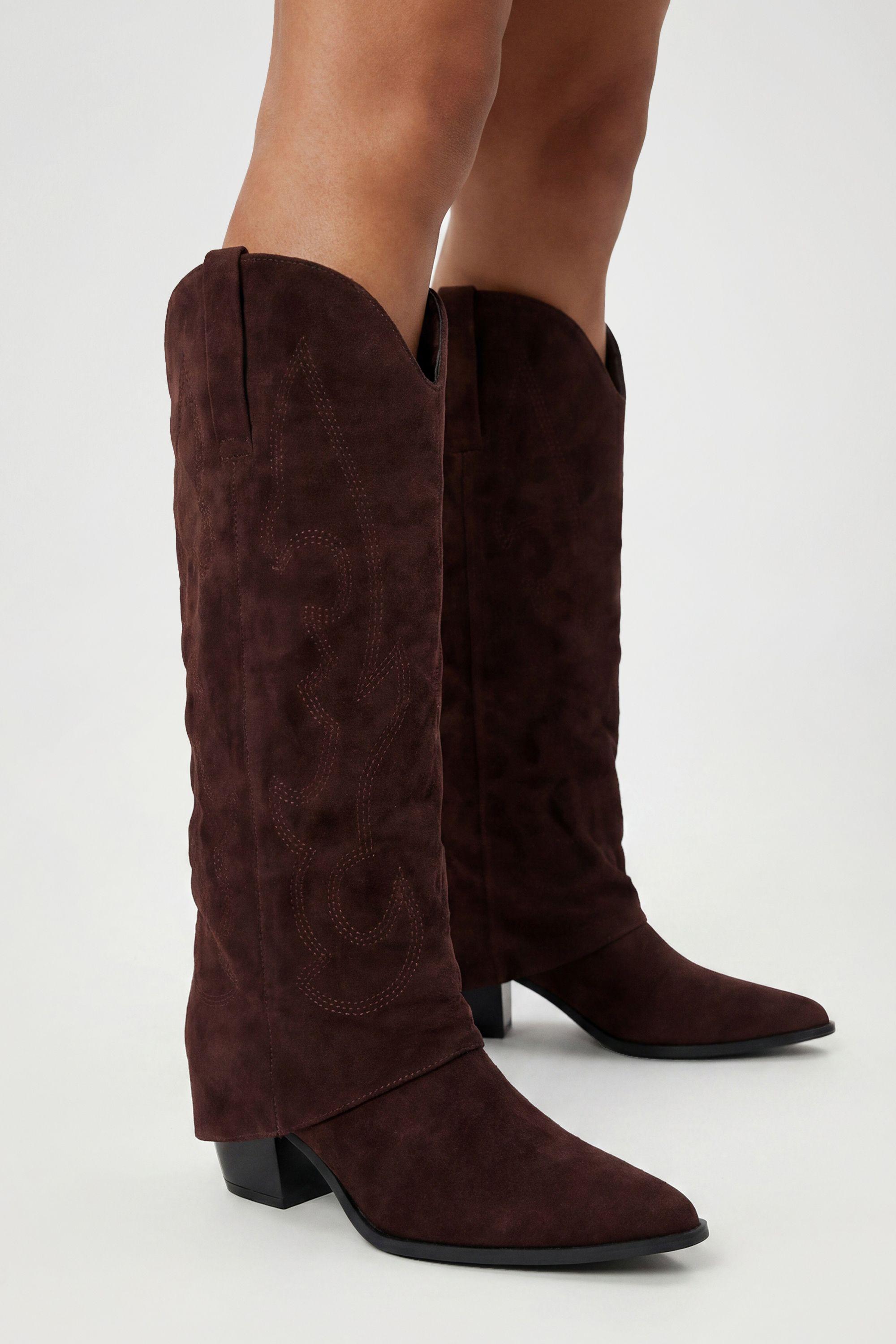 Fold Over Ruched Calf High Western Boots by BOOHOO