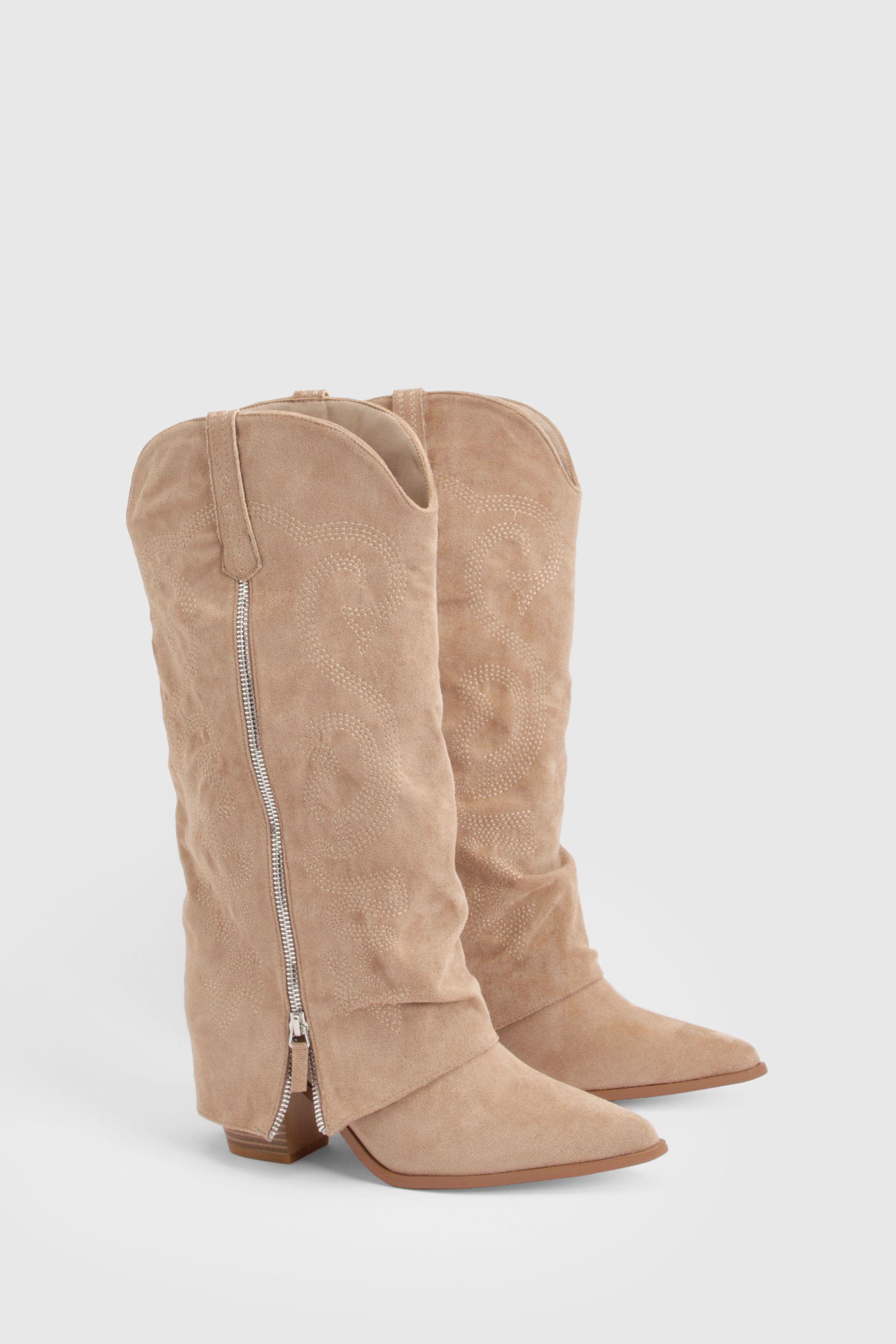 Fold Over Zip Detail Knee High Western Boots by BOOHOO