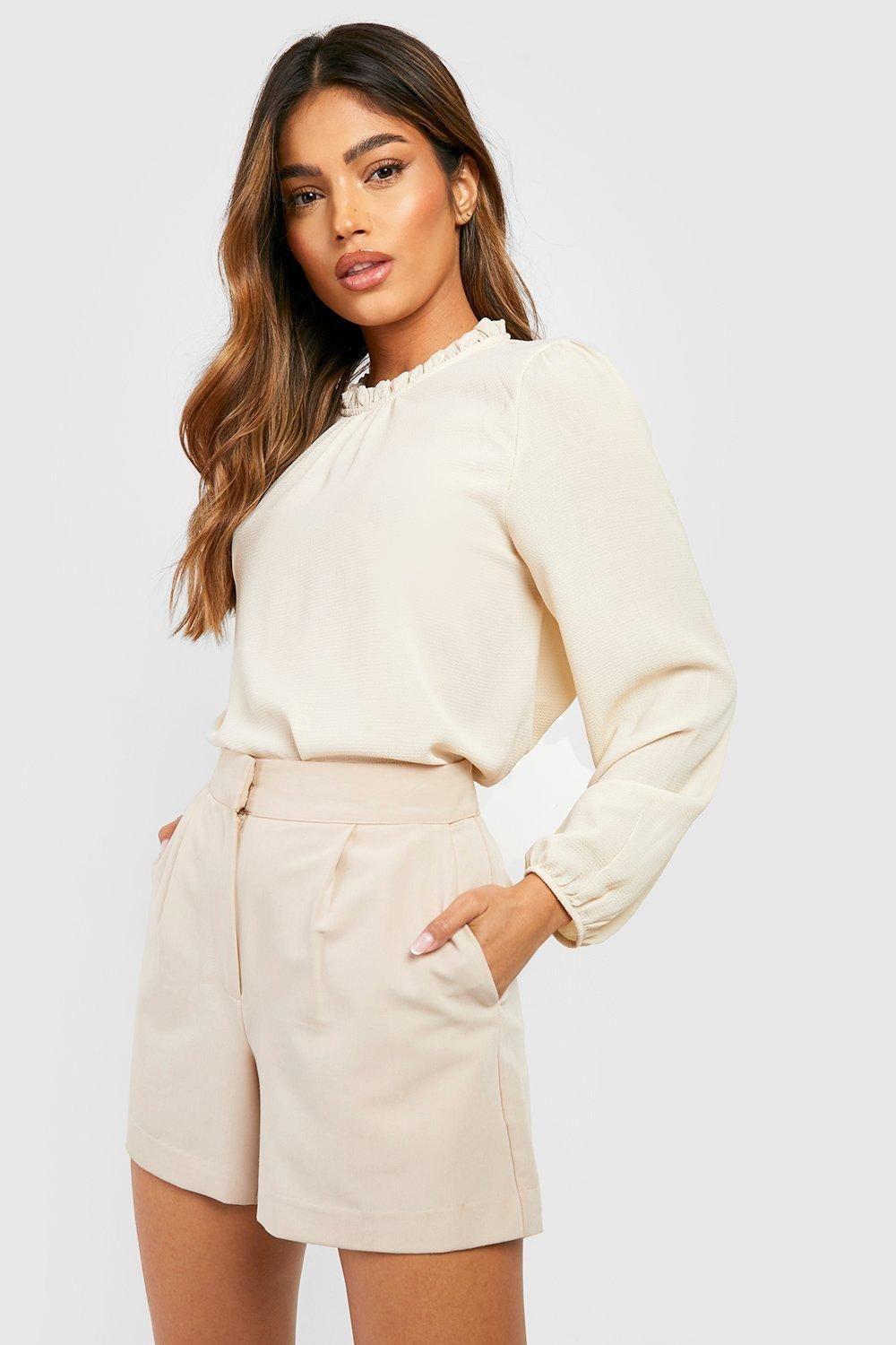 Frill Neck Long Sleeve Woven Blouse by BOOHOO